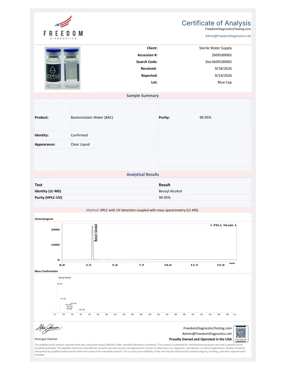 Certificate of Analysis from Freedom Diagnostics for Sterile Water Supply bacteriostatic water, lot Blue Cap
